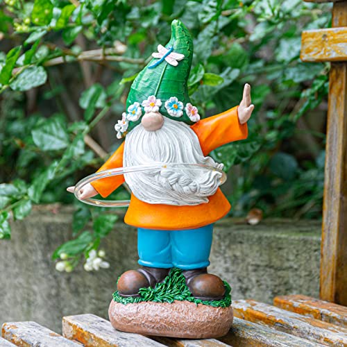 Ovewios Garden Gnome Outdoor Statue, Funny Gnomes Garden Sculptures & Statues Playing Hula Hoop with Solar LED Light Resin Yard Ornament for Outdoor Garden Lawn Patio Decor, Housewarming Gifts