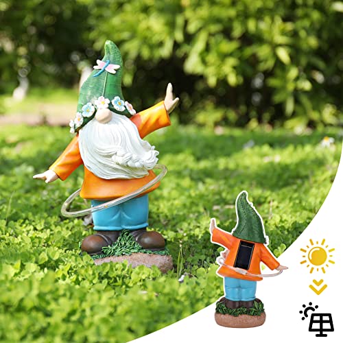 Ovewios Garden Gnome Outdoor Statue, Funny Gnomes Garden Sculptures & Statues Playing Hula Hoop with Solar LED Light Resin Yard Ornament for Outdoor Garden Lawn Patio Decor, Housewarming Gifts