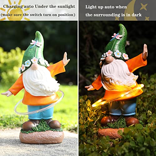 Ovewios Garden Gnome Outdoor Statue, Funny Gnomes Garden Sculptures & Statues Playing Hula Hoop with Solar LED Light Resin Yard Ornament for Outdoor Garden Lawn Patio Decor, Housewarming Gifts