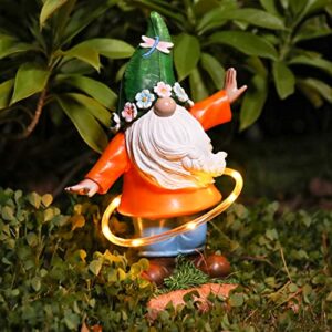 Ovewios Garden Gnome Outdoor Statue, Funny Gnomes Garden Sculptures & Statues Playing Hula Hoop with Solar LED Light Resin Yard Ornament for Outdoor Garden Lawn Patio Decor, Housewarming Gifts