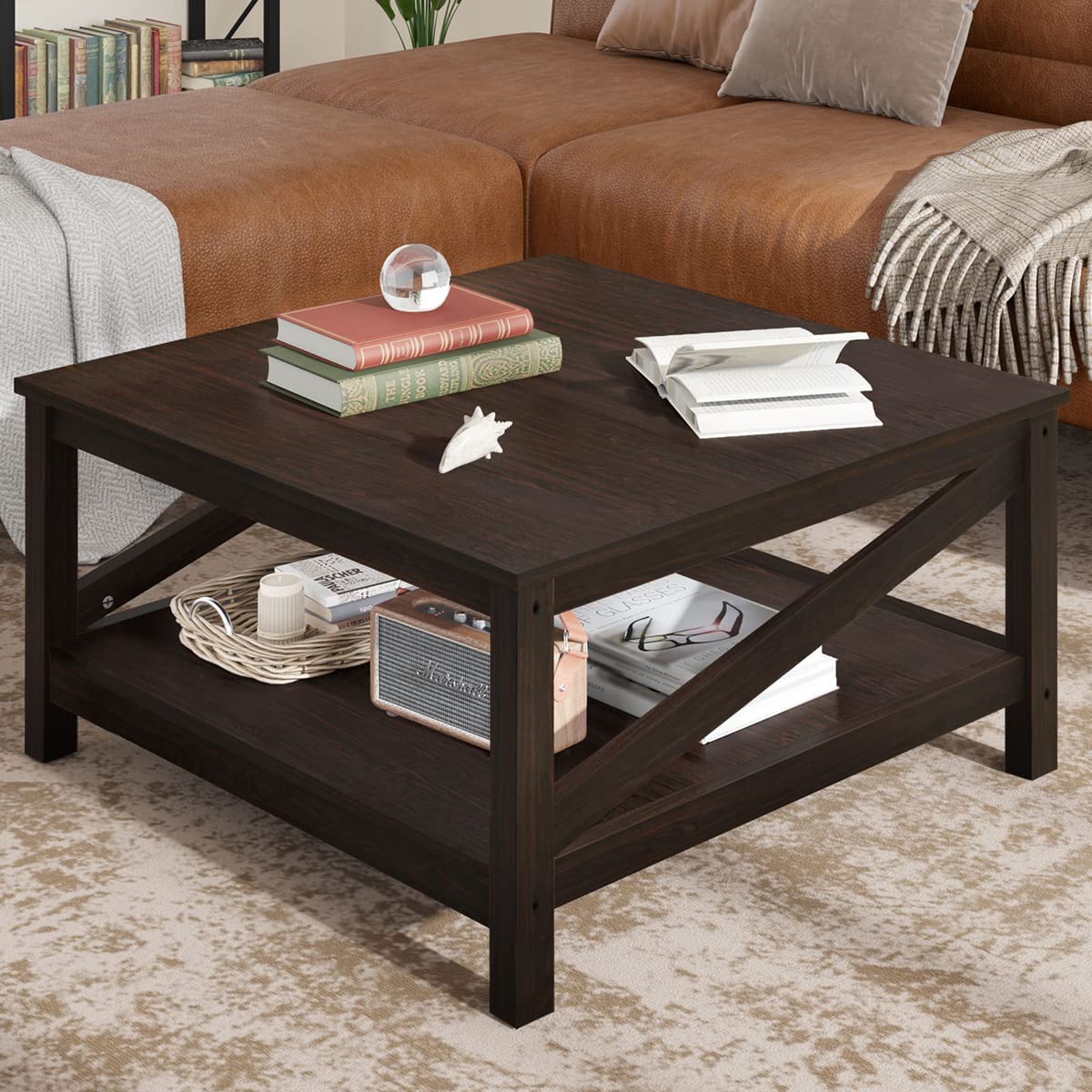 YITAHOME 2-Tier Square Coffee Tables with Storage,Coffee Table for Living Room,Center Table Coffee Table for Home,Wood Living Room Table Industrial Small Farmhouse Cocktail Table, Espresso