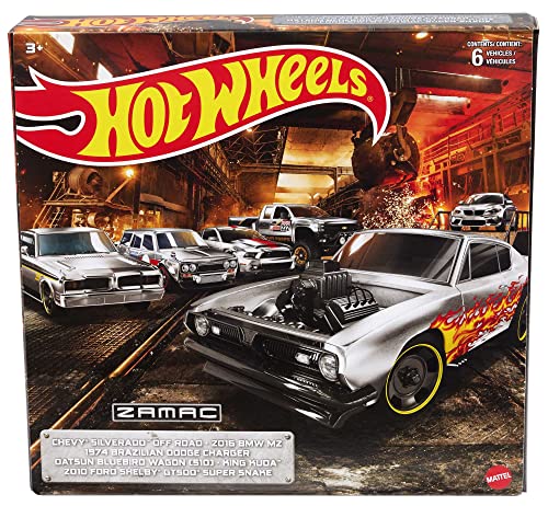 Hot Wheels Zamac Multipacks of 6 Toy Cars, 1:64 Scale, Authentic Decos, Popular Castings, Rolling Wheels, Gift for Kids 3 Years Old & Up & Collectors