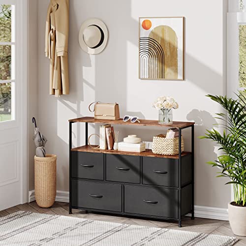 WLIVE 1-Drawer Nightstand and 5-Drawer Dresser Set, Fabric Storage Tower for Bedroom, Hallway, Nursery, Closets, Tall Chest Organizer Unit with Textured Print Fabric Bins, Steel Frame