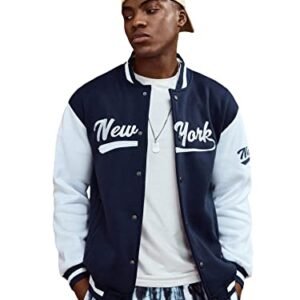 Floerns Men's Letter Graphic Print Long Sleeve Color Block Baseball Jacket Blue and White M