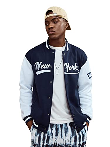 Floerns Men's Letter Graphic Print Long Sleeve Color Block Baseball Jacket Blue and White M