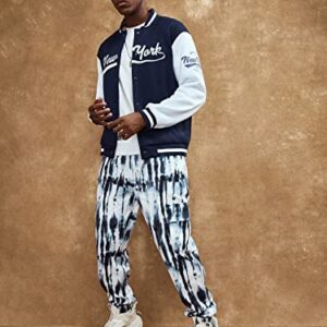 Floerns Men's Letter Graphic Print Long Sleeve Color Block Baseball Jacket Blue and White M