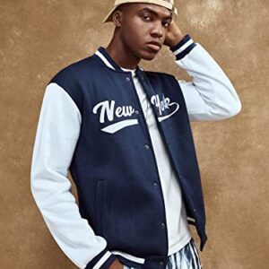 Floerns Men's Letter Graphic Print Long Sleeve Color Block Baseball Jacket Blue and White M