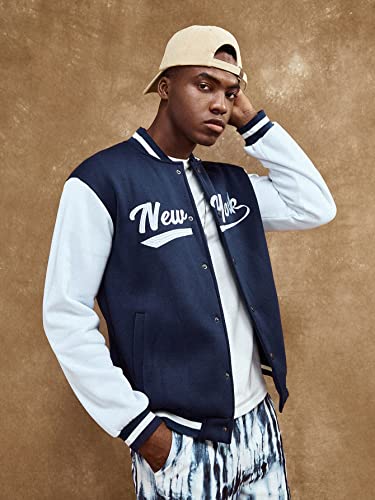 Floerns Men's Letter Graphic Print Long Sleeve Color Block Baseball Jacket Blue and White M