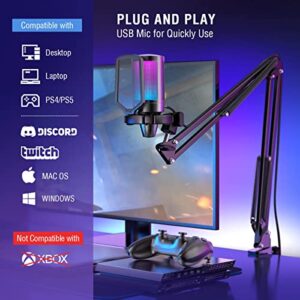 FIFINE Gaming PC USB Microphone, Podcast Condenser Mic with Boom Arm, Pop Filter, Mute Button for Streaming, Twitch, Online Chat, RGB Computer Mic for PS4/5 PC Gamer Youtuber-AmpliGame A6T