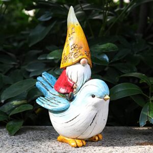 cynice garden gnome statue outdoor decor - garden gnomes sitting on bird statue for garden yard patio lawn decorations,gnome gifts