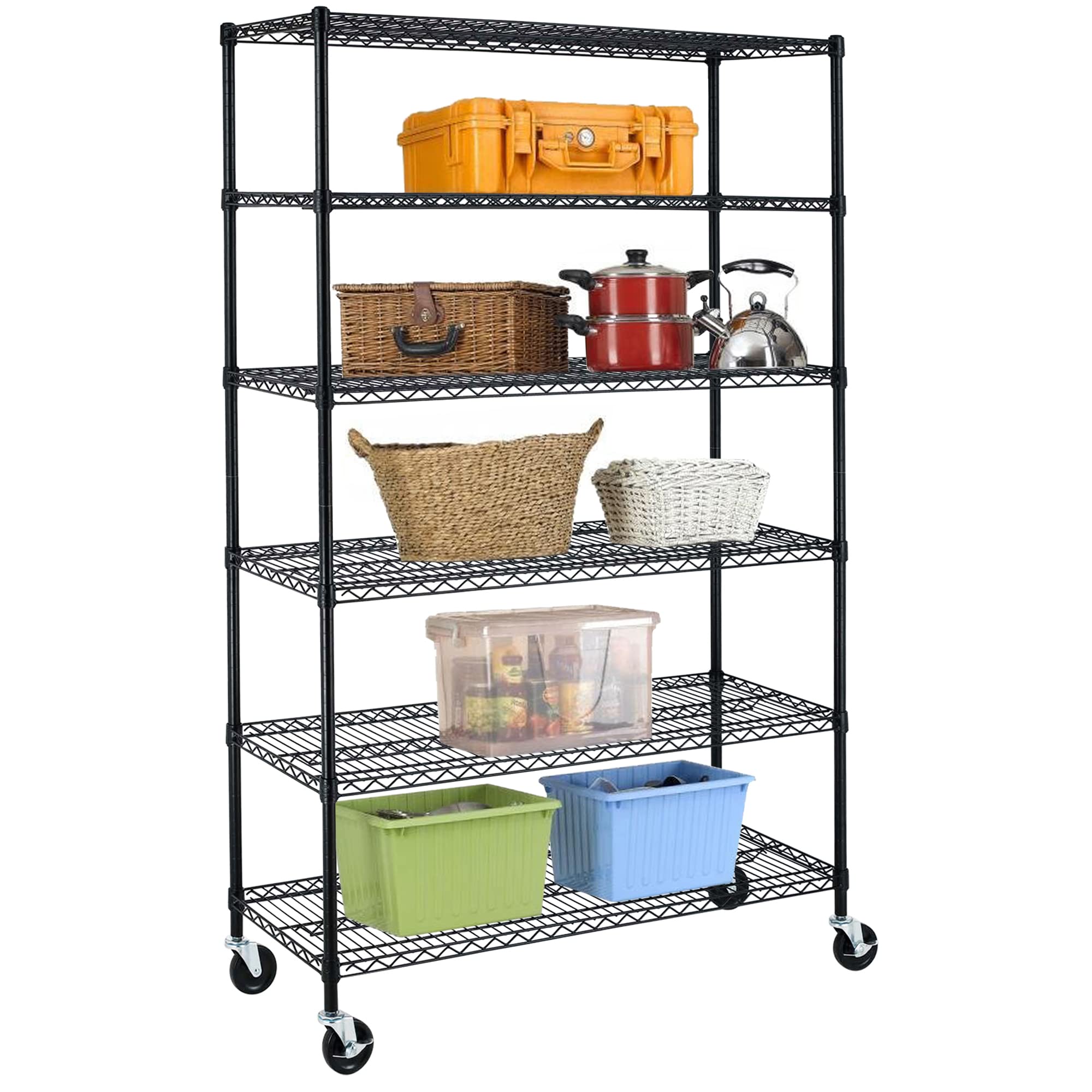 BestMassage Wire Shelving Unit Heavy Duty Garage Storage Shelves Large Metal Shelf Organizer 6-Tier Height Adjustable Commercial Grade Utility Steel Storage Rack with Wheels,18 x 48 x 72 (Black)