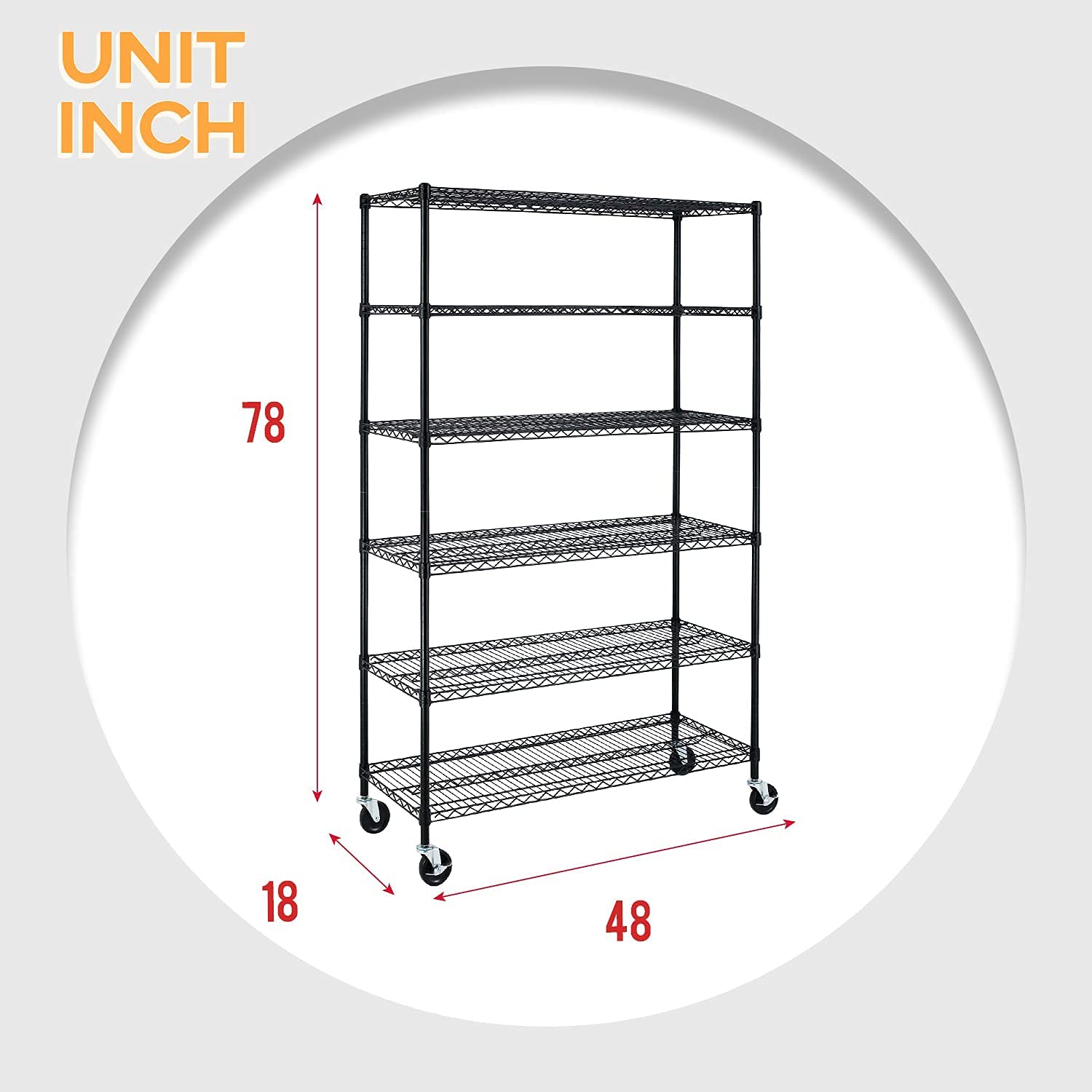 BestMassage Wire Shelving Unit Heavy Duty Garage Storage Shelves Large Metal Shelf Organizer 6-Tier Height Adjustable Commercial Grade Utility Steel Storage Rack with Wheels,18 x 48 x 72 (Black)