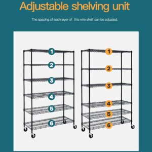 BestMassage Wire Shelving Unit Heavy Duty Garage Storage Shelves Large Metal Shelf Organizer 6-Tier Height Adjustable Commercial Grade Utility Steel Storage Rack with Wheels,18 x 48 x 72 (Black)