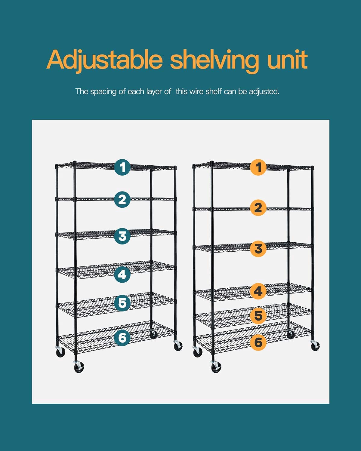 BestMassage Wire Shelving Unit Heavy Duty Garage Storage Shelves Large Metal Shelf Organizer 6-Tier Height Adjustable Commercial Grade Utility Steel Storage Rack with Wheels,18 x 48 x 72 (Black)