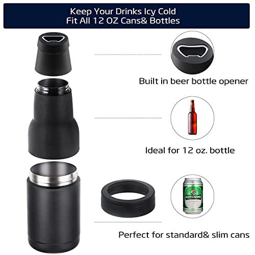 Stepstall Beer Gifts for Men, Beer Bottle and Can Cooler with Beer Opener, 12 oz. Slim Can Beer Bottle Insulators Holder, Vacuum Insulated Double Walled Stainless Steel(Matte Black)