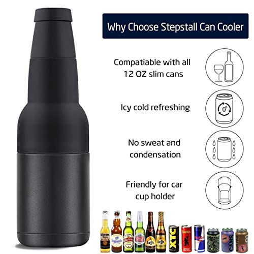 Stepstall Beer Gifts for Men, Beer Bottle and Can Cooler with Beer Opener, 12 oz. Slim Can Beer Bottle Insulators Holder, Vacuum Insulated Double Walled Stainless Steel(Matte Black)