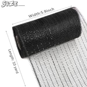 MIKIMIQI Deco Mesh 5.9 Inch x 30 Feet Decor Mesh Ribbon with Metallic Foil Deco Mesh Wreath Supplies Ribbon Mesh Roll for Spring Wreaths Craft Party Decor, Not Wired (Black)