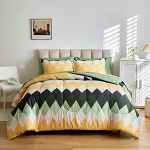 uozzi bedding rhombus comforter sheet set 7 pieces bed in a bag white green yellow diamond queen size (1 comforter 2 pillow shams 1 flat sheet 1 fitted sheet 2 pillowcases)