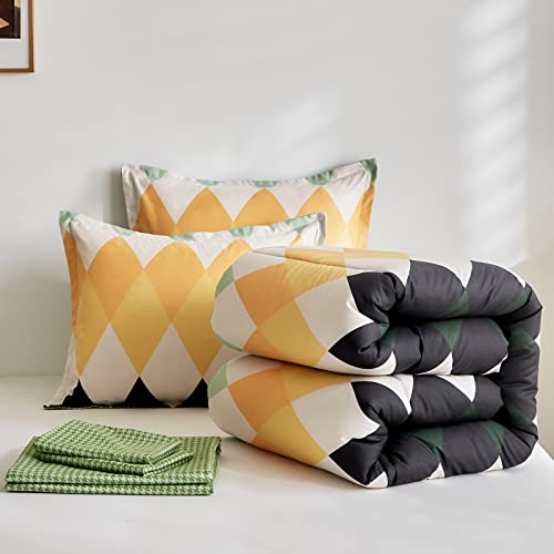 UOZZI BEDDING Rhombus Comforter Sheet Set 7 Pieces Bed in a Bag White Green Yellow Diamond Queen Size (1 Comforter 2 Pillow Shams 1 Flat Sheet 1 Fitted Sheet 2 Pillowcases)