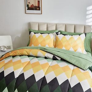 UOZZI BEDDING Rhombus Comforter Sheet Set 7 Pieces Bed in a Bag White Green Yellow Diamond Queen Size (1 Comforter 2 Pillow Shams 1 Flat Sheet 1 Fitted Sheet 2 Pillowcases)