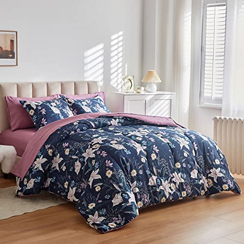 Joyreap 7 Piece Bed in a Bag Full/Queen, Lilies on Navy Floral Design, Microfiber Bedding Comforter Set with Sheets- 1 Comforter, 2 Pillow Shams, 1 Flat Sheet, 1 Fitted Sheet, 2 Pillowcases