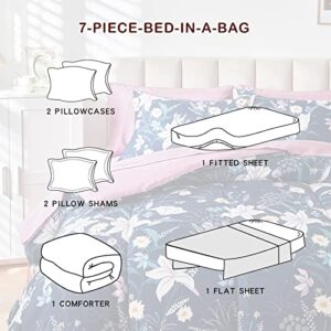 Joyreap 7 Piece Bed in a Bag Full/Queen, Lilies on Navy Floral Design, Microfiber Bedding Comforter Set with Sheets- 1 Comforter, 2 Pillow Shams, 1 Flat Sheet, 1 Fitted Sheet, 2 Pillowcases