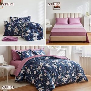 Joyreap 7 Piece Bed in a Bag Full/Queen, Lilies on Navy Floral Design, Microfiber Bedding Comforter Set with Sheets- 1 Comforter, 2 Pillow Shams, 1 Flat Sheet, 1 Fitted Sheet, 2 Pillowcases