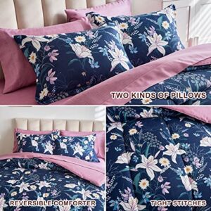 Joyreap 7 Piece Bed in a Bag Full/Queen, Lilies on Navy Floral Design, Microfiber Bedding Comforter Set with Sheets- 1 Comforter, 2 Pillow Shams, 1 Flat Sheet, 1 Fitted Sheet, 2 Pillowcases