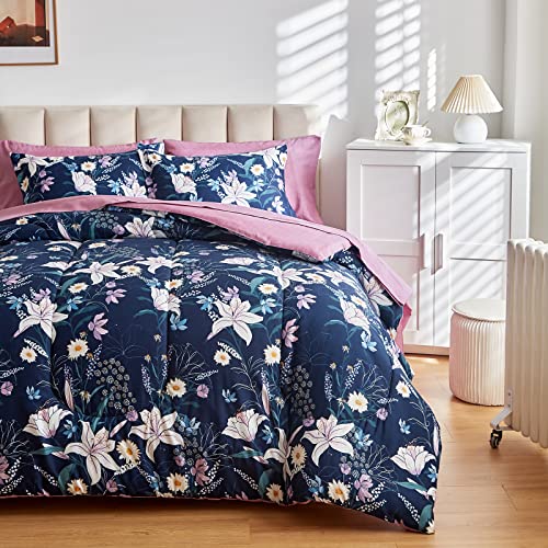 Joyreap 7 Piece Bed in a Bag Full/Queen, Lilies on Navy Floral Design, Microfiber Bedding Comforter Set with Sheets- 1 Comforter, 2 Pillow Shams, 1 Flat Sheet, 1 Fitted Sheet, 2 Pillowcases