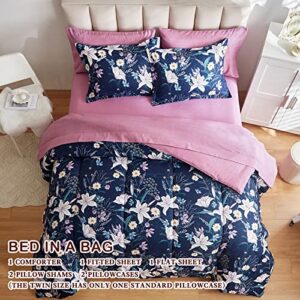 Joyreap 7 Piece Bed in a Bag Full/Queen, Lilies on Navy Floral Design, Microfiber Bedding Comforter Set with Sheets- 1 Comforter, 2 Pillow Shams, 1 Flat Sheet, 1 Fitted Sheet, 2 Pillowcases