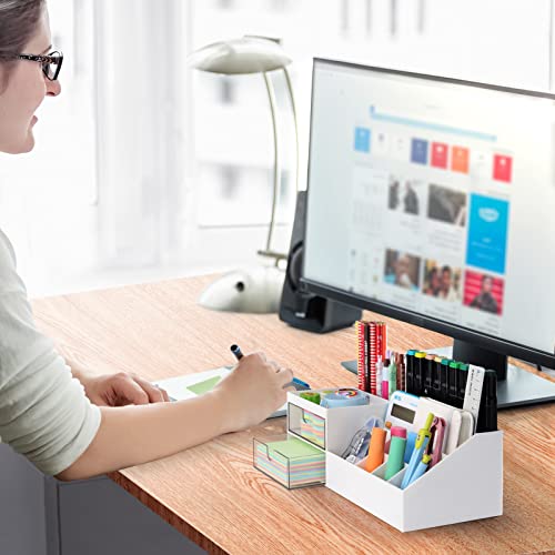 LETURE Office Supplies Desk Makeup Organizer Caddy with Drawer + 6 Sticky Notes, White 13 Compartments, Desktop Accessories Organizer for Office, Home