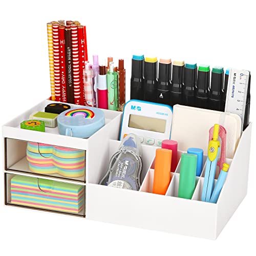 LETURE Office Supplies Desk Makeup Organizer Caddy with Drawer + 6 Sticky Notes, White 13 Compartments, Desktop Accessories Organizer for Office, Home