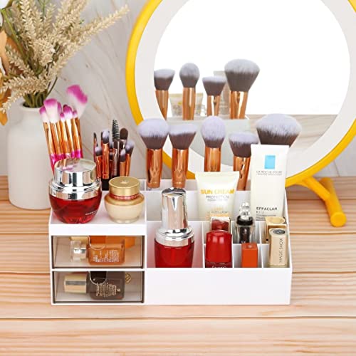 LETURE Office Supplies Desk Makeup Organizer Caddy with Drawer + 6 Sticky Notes, White 13 Compartments, Desktop Accessories Organizer for Office, Home