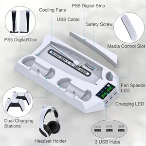 PS5 Stand and Cooling Station with Dual Controller Charging Station for Playstation 5 Console, PS5 Accessories Incl. Controller Charger, Cooling fan, Headset holder, 3 USB Hub, Media Slot, Screw White