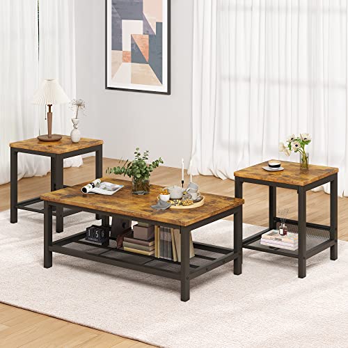 AWQM 3 Pieces Coffee Table Set, Industrial Coffee Table with 2 Square End Side Tables, Modern Living Room Table Set with Metal Frame for Apartment Home Office, Rustic Brown