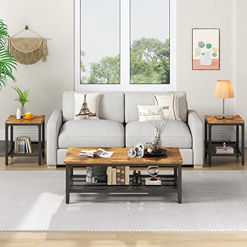 AWQM 3 Pieces Coffee Table Set, Industrial Coffee Table with 2 Square End Side Tables, Modern Living Room Table Set with Metal Frame for Apartment Home Office, Rustic Brown