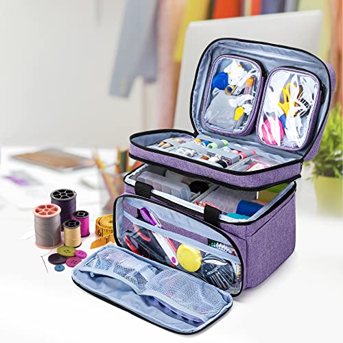 BAFASO Double Layer Sewing Accessories Organizer with 2 Detachable Pouches, Large Sewing Storage Bag for Sewing Tools (BAG ONLY), Purple