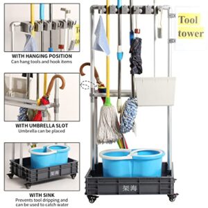 QTJH Cleaning Tool Tower  mop Holder Umbrella Stand，Cleaning Tool Storage Drain Tool Hanger 5S Shadow Board