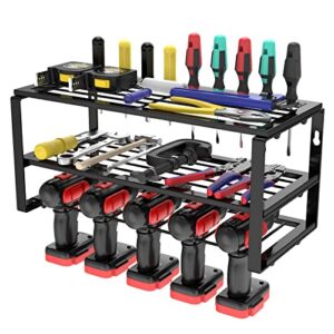 baiyuan power tool organizer with 5 drill holder, wall mount garage tool organizers and storage rack, 3 layers heavy duty metal tool shelf, cordless drill storage or drill charging station