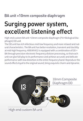 keephifi KBEAR in Ear Earphones KBEAR KS2 Wired Headphones 10mm 1BA+1DD in Ear Monitors with Detachable Cable HiFi Bass Earbuds Noise-Isolating Headset for Audiophile Musician (with mic, Dark Green)