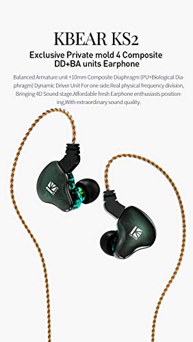 keephifi KBEAR in Ear Earphones KBEAR KS2 Wired Headphones 10mm 1BA+1DD in Ear Monitors with Detachable Cable HiFi Bass Earbuds Noise-Isolating Headset for Audiophile Musician (with mic, Dark Green)