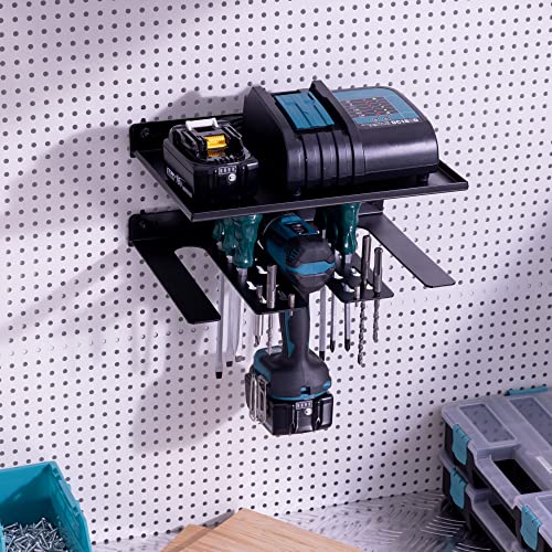Navaris Drill Holder and Shelf for Pegboard or Wall - Tool Organizer Storage Accessories - Wall Mount Rack for Pegboards, Garage Walls, Power Tools