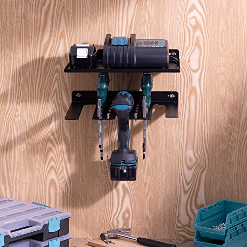 Navaris Drill Holder and Shelf for Pegboard or Wall - Tool Organizer Storage Accessories - Wall Mount Rack for Pegboards, Garage Walls, Power Tools