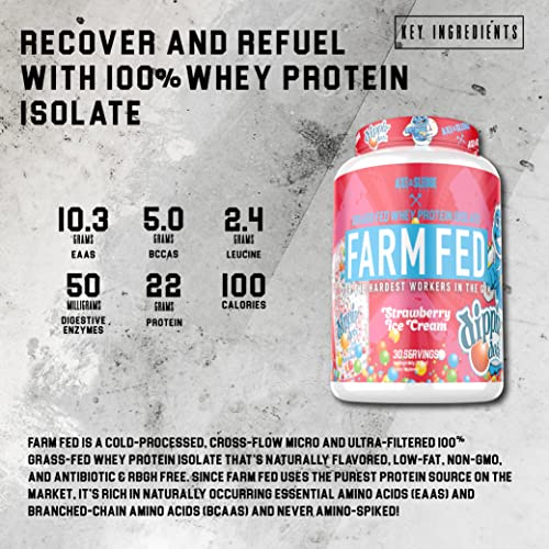 Axe & Sledge Supplements Farm Fed Grass-Fed Whey Protein Isolate, Digestive Enzymes, 22 Grams Protein, 30 Servings (Dippin' Dots Strawberry Ice Cream)