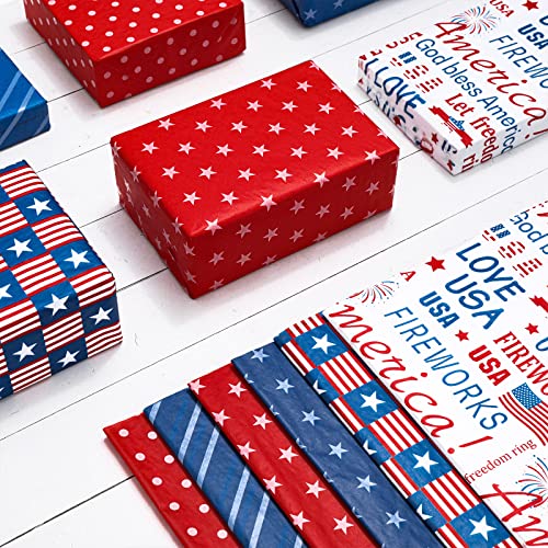 Whaline Patriotic Tissue Paper Folded Flat Blue Red Stars Stripe Tissue Paper 4th of July Wrapping Paper Holiday Art Tissue for Independence Day DIY Gift Packing Party Favor, 14 x 20 Inch, 90 Sheet