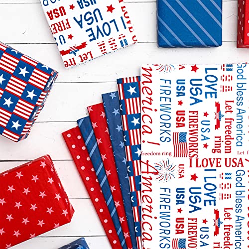 Whaline Patriotic Tissue Paper Folded Flat Blue Red Stars Stripe Tissue Paper 4th of July Wrapping Paper Holiday Art Tissue for Independence Day DIY Gift Packing Party Favor, 14 x 20 Inch, 90 Sheet