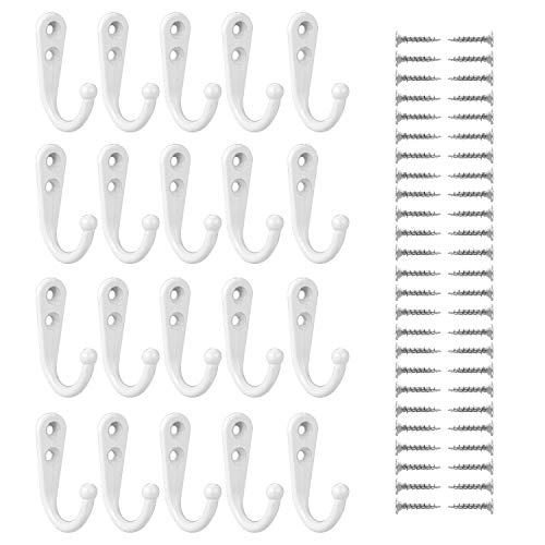 eBoot 20 Pieces Wall Mounted Hook Robe Hooks Single Coat Hanger and 50 Pieces Screws (White)