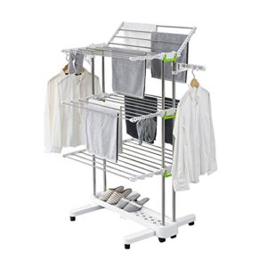 newerlives br505 3-tier collapsible clothes drying rack with casters, laundry drying rack, stainless steel hanging rods, indoor & outdoor use