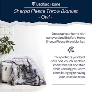 Bedford Home Sherpa Fleece Throw Owl Print Pattern, Lightweight Hypoallergenic Bed or Couch Soft Cozy Plush Blanket for Adults and Kids, Multicolor