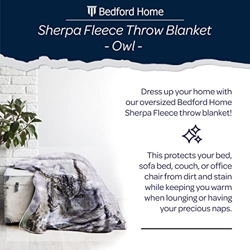 Bedford Home Sherpa Fleece Throw Owl Print Pattern, Lightweight Hypoallergenic Bed or Couch Soft Cozy Plush Blanket for Adults and Kids, Multicolor